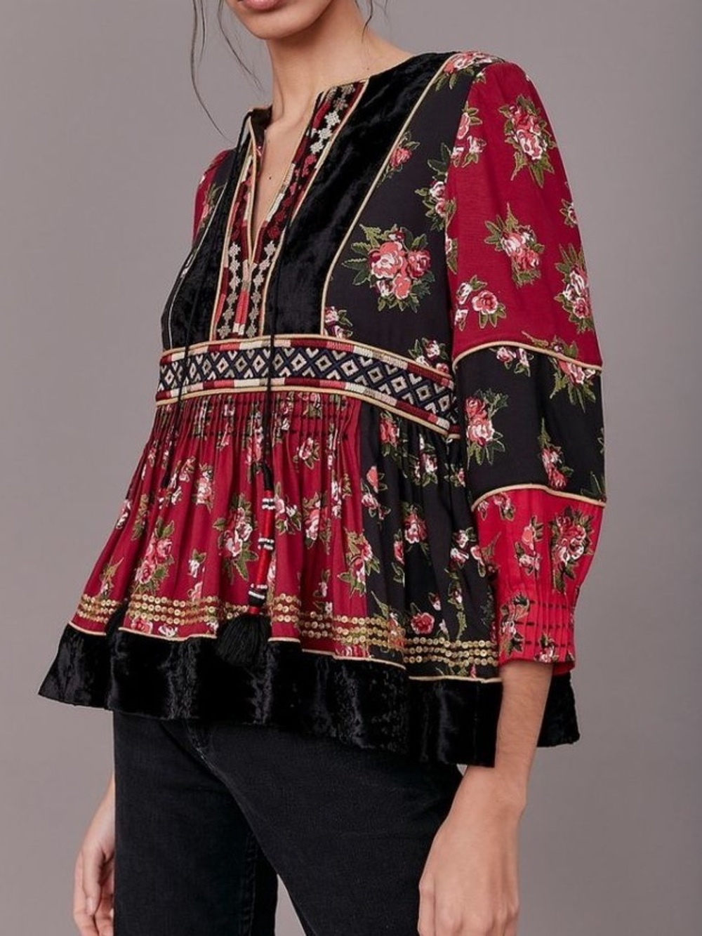 Ulla Johnson Bijana Patchwork Blouse Velvet Trim Floral Embroidered Top Sz 6